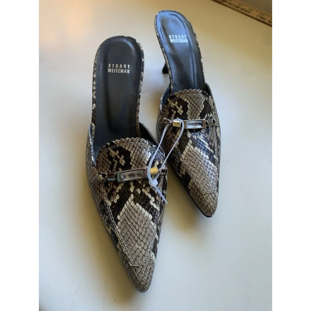 NWOT Stuart Weitzman 9.5M Snakeskin Pointy Toe Open Heel Slip On Heels 4007979